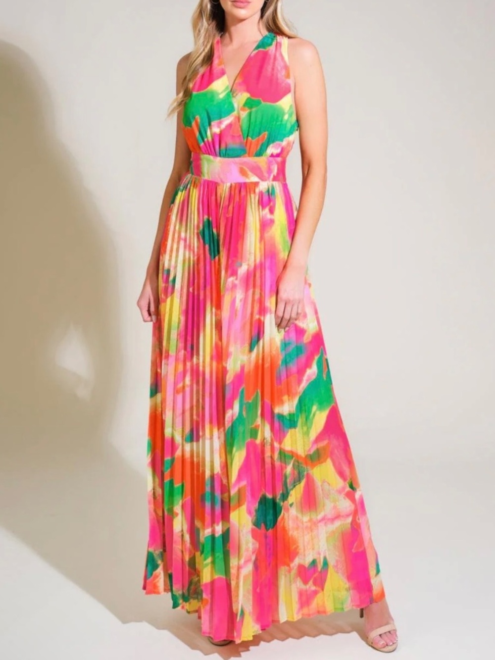 TROPICAL PRINT SLEEVELESS WIDE LEG WOVEN PLEATED JUMPSUIT SIZE MEDIUM - Picture 5 of 17